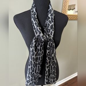 Black and Gray Leopard Print Skinny Scarf with Silver Threads